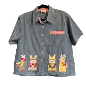 Vintage Women’s Denim Button Down Embroidered Shirt Garden Bunny Spring Size L